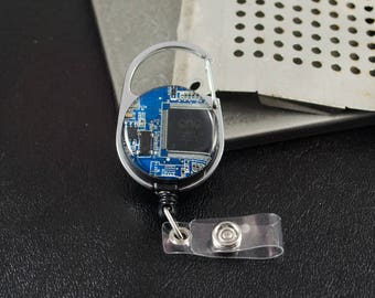 Circuit Board Retractable Badge Holder, Blue Badge Reel, Geeky Office Gift, Engineer Gift, Graduation Gift, New Job, Wearable Technology