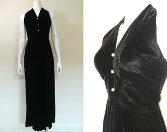 Vintage 1970s Black Velvet Halter Maxi Dress - XS
