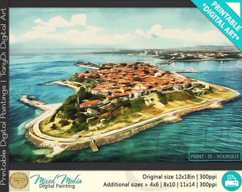 Island of Old Nessebar, Black Sea, Bulgaria • Beautiful Travel Digital Painting • Travel Printable Wall Art, Home Decor, Architectural Art