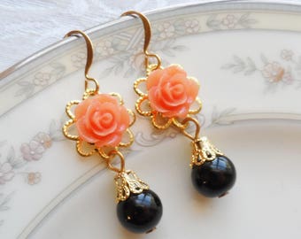 75% Off Price Sale, Orange/Peach Rose, Gold Tone Filigree, Czech Glass Bead