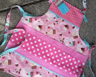 Girls Pink Cupcake Aprons - Pink Cupcake Girls Aprons - Kids Aprons - Girls Full Cupcake Aprons - Pink Cupcake Aprons - Annies Attic Aprons