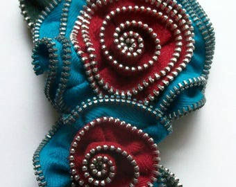 Turquoise Teal and Red Multi Flower Floral Brooch / Zipper Pin - 3083