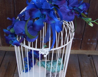 SALE,Blue Orchid Wedding Bird Cage Card Holder,Last One in Stock,White Wire, Upcycled Home Decor Item