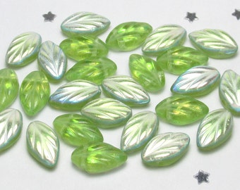 Czech Glass Leaf Bead 12mm x 7mm - Peridot Light Lime Green Aurora Borealis AB Transparent Glass - 25 beads - Spring Green, Pantone Greenery