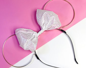 Gold Wire and White Glitter Bow Minnie Mouse Ears Headband