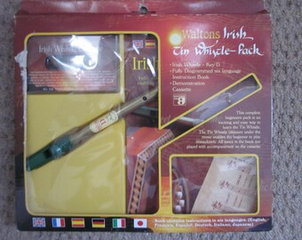 Vintage Boxed Waltons IRISH TIN WHILSTLE, with cassette+book in 13 languages