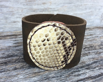 Leather Cuff Bracelet with Snakeskin Medallion Size Large on Camouflage Leather by Stacy Leigh