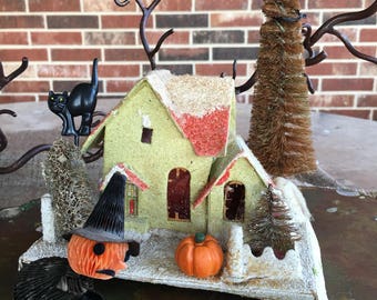 Vintage 6 PC Halloween Lighted Decoration, Diorama,Vignette-Crepe Paper Honeycomb Witch Stands in Front of Cardboard House, Cat,Bat,Pumpkin