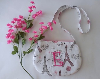 Toddler and little girl's cross body purse in Paris print fabric personalized
