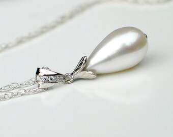 White Elongated Teardrop Pearl Pendant | Large Freshwater Pearl | CZ Pendant | Sterling Silver Chain | Jasmine Pearl Necklace Ready to Ship