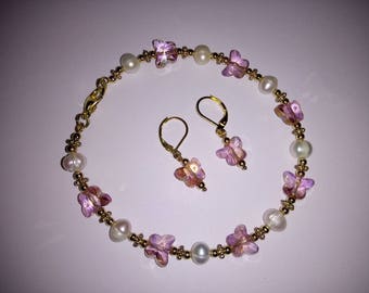 bracelet and earrings with cultured pearls and Butterfly