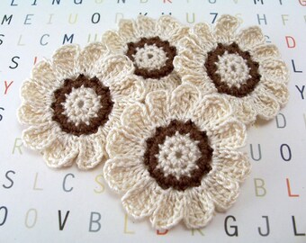 Crochet Flowers, Crochet Appliques, Crochet 12 Petal Flowers, Ecru and Brown Flowers