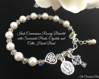Irish Communion Rosary Bracelet with Swarovski Pearls, Crystals and Celtic Heart Bead
