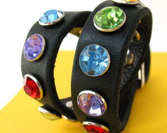 Black Leather Dog Collar with Jewel Tone Rhinestones, Size S, to fit a 10-13in Neck, Small Dog, EcoFriendly, OOAK