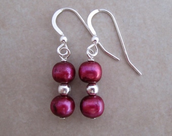 magenta pearl sterling silver dangle earrings