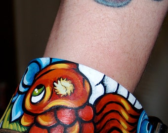 Tattoo Leather cuff Companion Cuff bracelet koi sparrow cherries banner