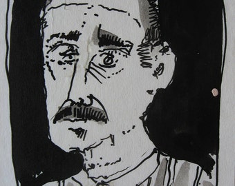 Small Original India Ink Drawing, Tired Man