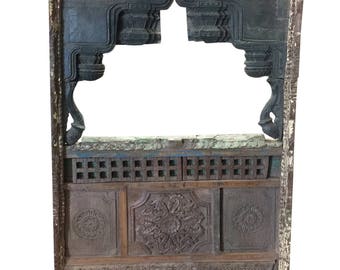 Antique Jharokha VINTAGE Natural Wood Shabby Chic Hand Carved Floor Mirror Frame Eclectic Furniture Living Room Decor