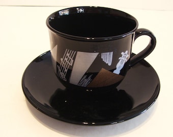 Arcoroc France Black Glass Cup and Saucer Bass Instrument Music Theme