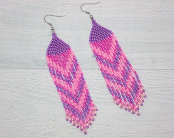 Dangle earrings Pink earrings Gift for her Jewelry earrings Beaded tassel Earrings long Beaded jewelry Handmade goods Boho style earrings