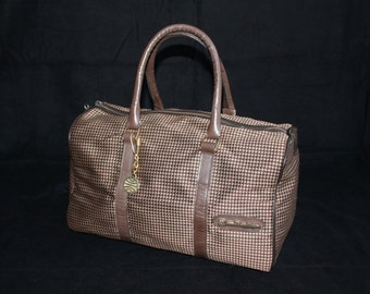 Small travel bag brown beige retro pattern vintage 70 hand bag week-end handy chic hand luggage carry-on