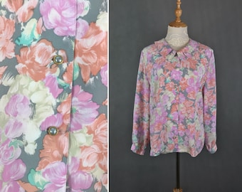 Vintage Japanese Watercolor Floral Blouse / Spring Blouse / Day Blouse / Made in Japan / Size Medium