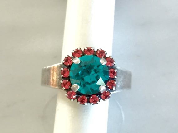 Swarovski Blue Zircon Ring, Swarovski Blue Zircon and Indian Pink Ring, Swarovski Blue Ring, Blue Zircon Crystal Ring