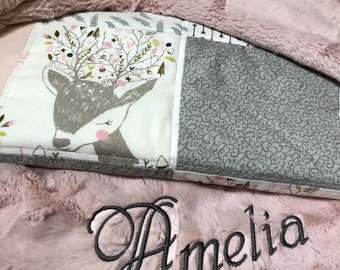 Woodland Personalized Baby Quilt, Minky Quilt, Baby Girl Quilt, Girl Crib Sheets, Girl Crib Skirting, Baby Girl Bedding
