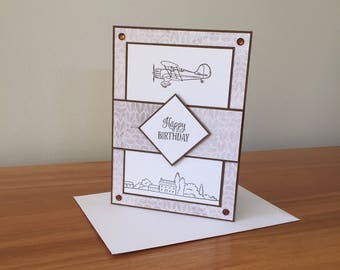 Birthday card, happy birthday card, aeroplane birthday card, airplane birthday card, hand stamped card, handmade card, birthday card for him