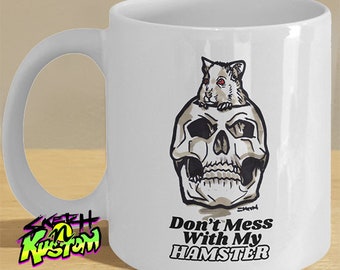 Funny hamster gift mug, hamster mug gift for hamster lovers and hamster owners, scary halloween hamster art with skull, hamster decor