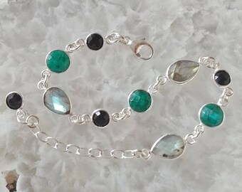 Labradorite, Emerald, Black Onyx and Sterling Silver Bracelet