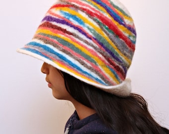 Women Hat Hand Felted Merino Wool : Rainbow Hat