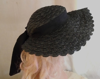 1930's Vintage Wide Brim Straw Hat Black with Long Ribbon Garden Party