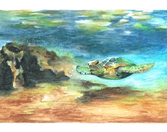 Underwater Paintings, Turtle, Jellyfish, sea landscape, watercolor paintings, MaryAlicesGallery