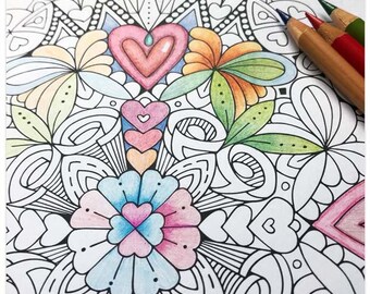 Printable Hearts Mandala Colouring Page