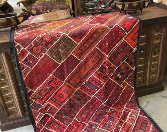 Antique Vintage  Original Tapestry Red Hand Crafted Beade d RUG Wall Hanging Decor FREE SHIP