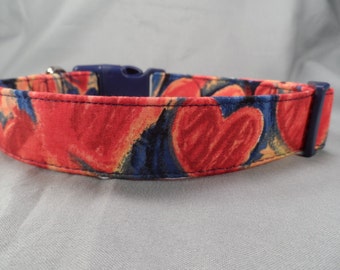 Red Hearts on Blue Valentine Dog Collar