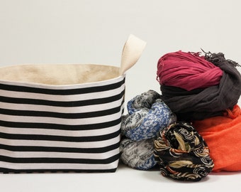 Fabric Storage Basket. Black and white stripped. Kids room storage. Fabric bucket. Storage bin.