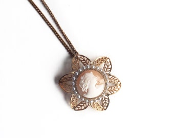 Vintage Mid-Century Cameo Pendant Yellow Gold Washed Pearl Necklace - Carved Shell Woman Profile Silhouette Jewelry Brooch Pin