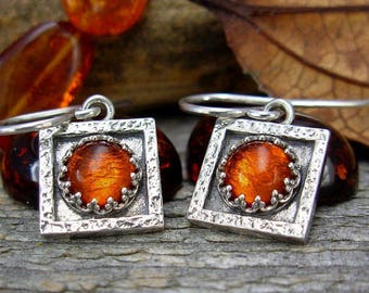 Small Square Amber Earrings in Sterling Silver