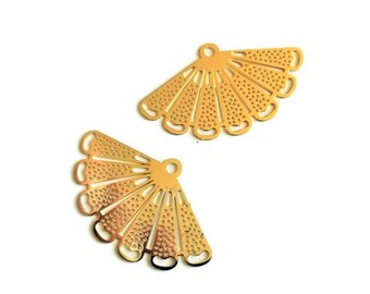 4 prints fan charms, filigree gold brass 38mm