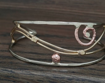 Mixed metal bracelet, cuff bracelet, bronze, copper, nickel silver, sterling silver large size