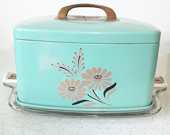 REDUCED Vintage Teal Cake Saver With Glass Bottom and Copper Accents Retro Kitchen Ransburg