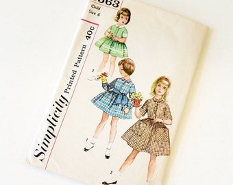 SALE Vintage 1960s Girls Size 6 One Piece Full Skirt Shirtdress and Tie Belt Simplicity Sewing Pattern 3563 Complete / bust 24 waist 22