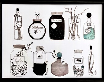 Black and white art, art print, original art, witch art, apothecary cabinet, line art, illustration, wall art, witches cabinet