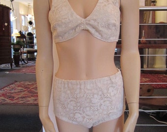 Vintage White Lace over Cream Cotton High Waist Bikini, ca 1950s
