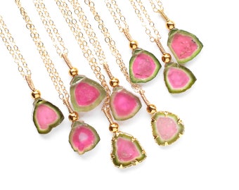 Watermelon Tourmaline Pendant Tourmaline Necklace Pink & Green Slice Gold filled Tourmaline Crystal October Birthstone Tourmaline Jewelry