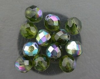 12 dark olivine ab czech fire crystal beads 8mm