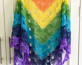 Rainbow merino wrap, sparkly rainbow shawl, festival wear, 4 ply lightweight rainbow shawl