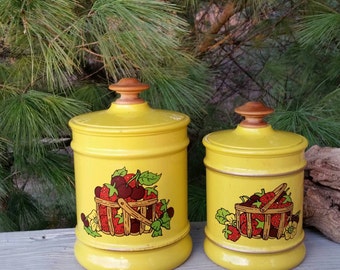 Kromex Canisters Set of 2 Yellow with Strawberry Baskets Retro Kitchen